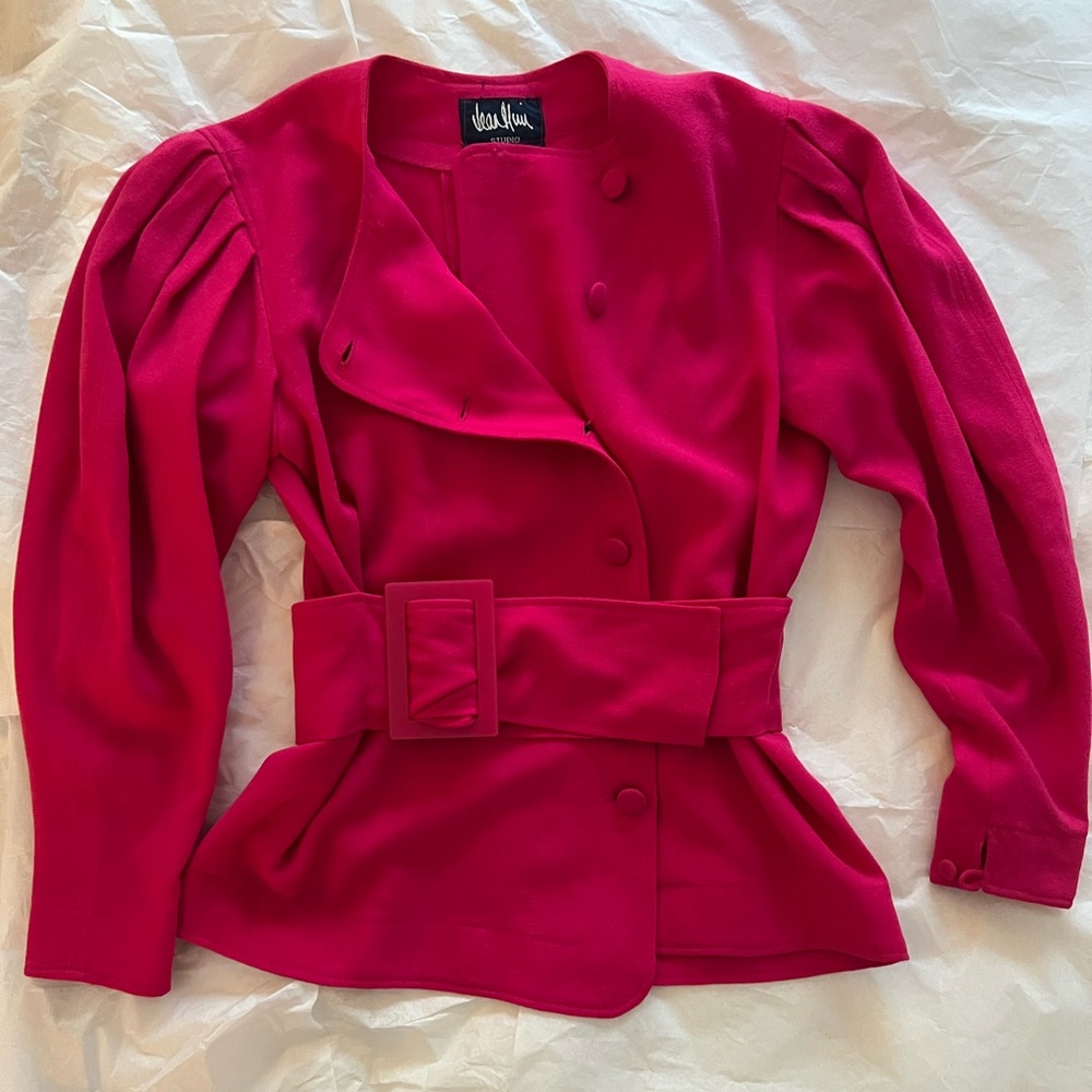 Jean Muir Studio belted statement blouse hot pink lucite belt power look 80s